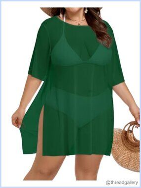 Plus Size Sheer Mesh Swimsuit Cover Up Beach Dress Short Sleeve Swimwear Coverup